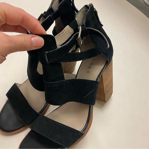 Hinge Cora Block Heel Sandal black leather SUEDE open toe strappy zip up 7.5 - Picture 4 of 10